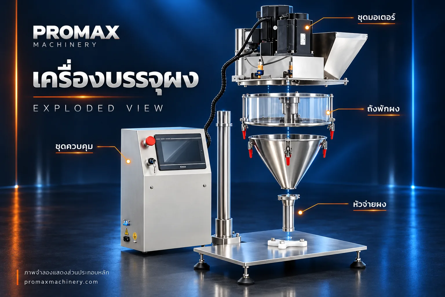 เครื่องบรรจุผง PROMAX พร้อมถังพักทรงกรวย หน้าจอควบคุม และหัวจ่ายแนวดิ่ง